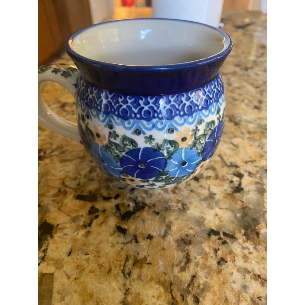 BEAUTIFUL 'UNIKAT'  HANDMADE POLAND BUBBLE MUG POTTERY FLORAL PATTERN 12 OZ NWOT